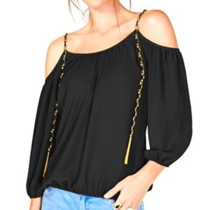 INC International Concepts Black Cold-Shoulder Blouse with Gold Tassels